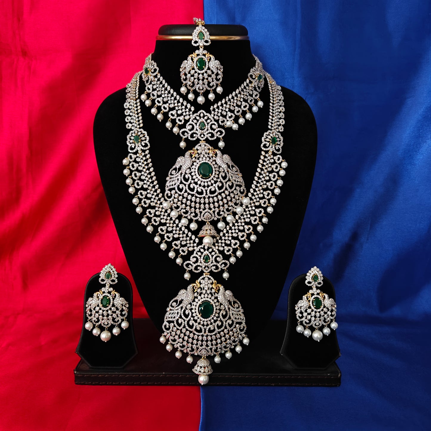 Elegant Bridal GJ Combo Set In Green Stone - Ambica Wedding Mall