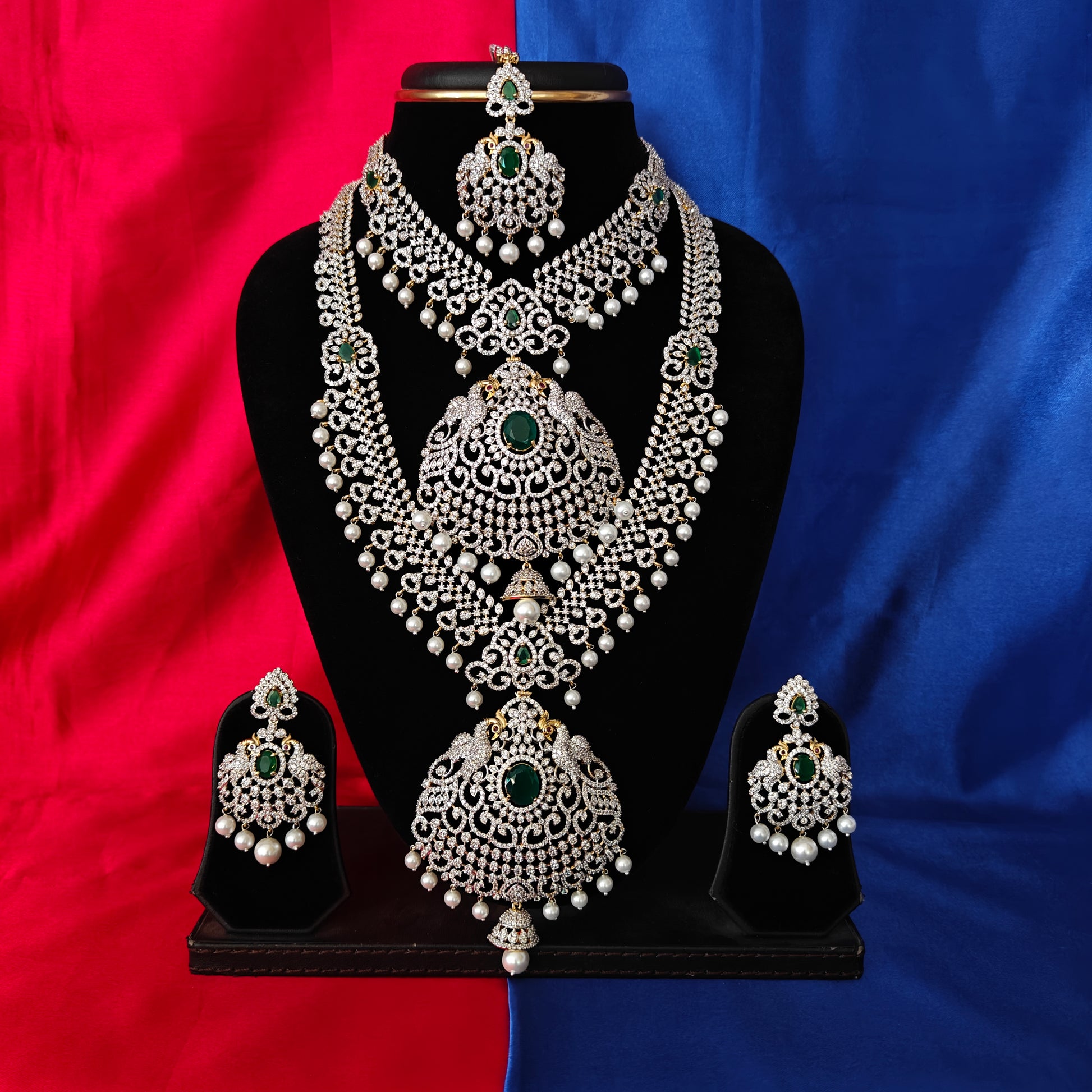 Elegant Bridal GJ Combo Set In Green Stone - Ambica Wedding Mall