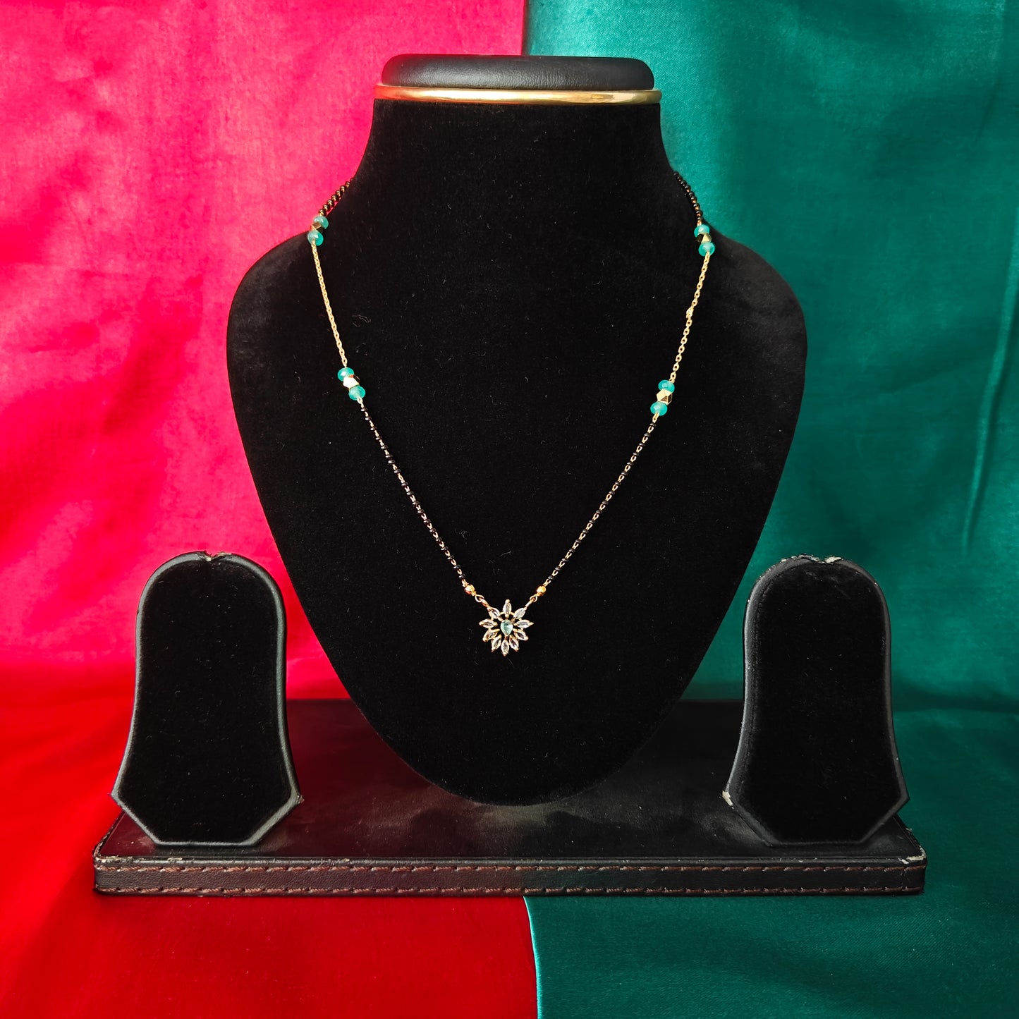 Beautiful Simple Black Beads Short In Pista Green Stone