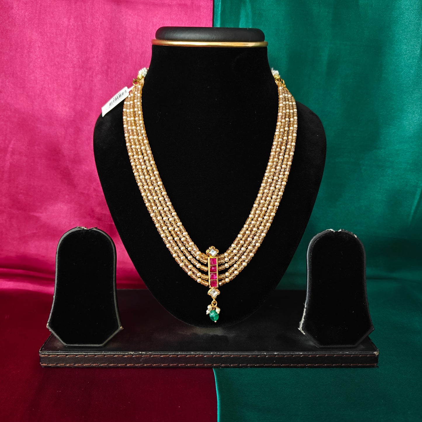 Beautiful Golden Coloured Honex Short Necklace In Ruby Stone With Green Beads - Ambica Wedding Mall