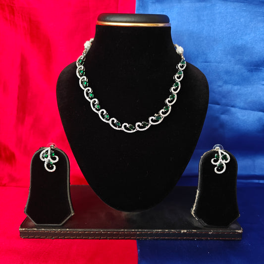 Elegant AD Short Necklace In Green Coloured Stone