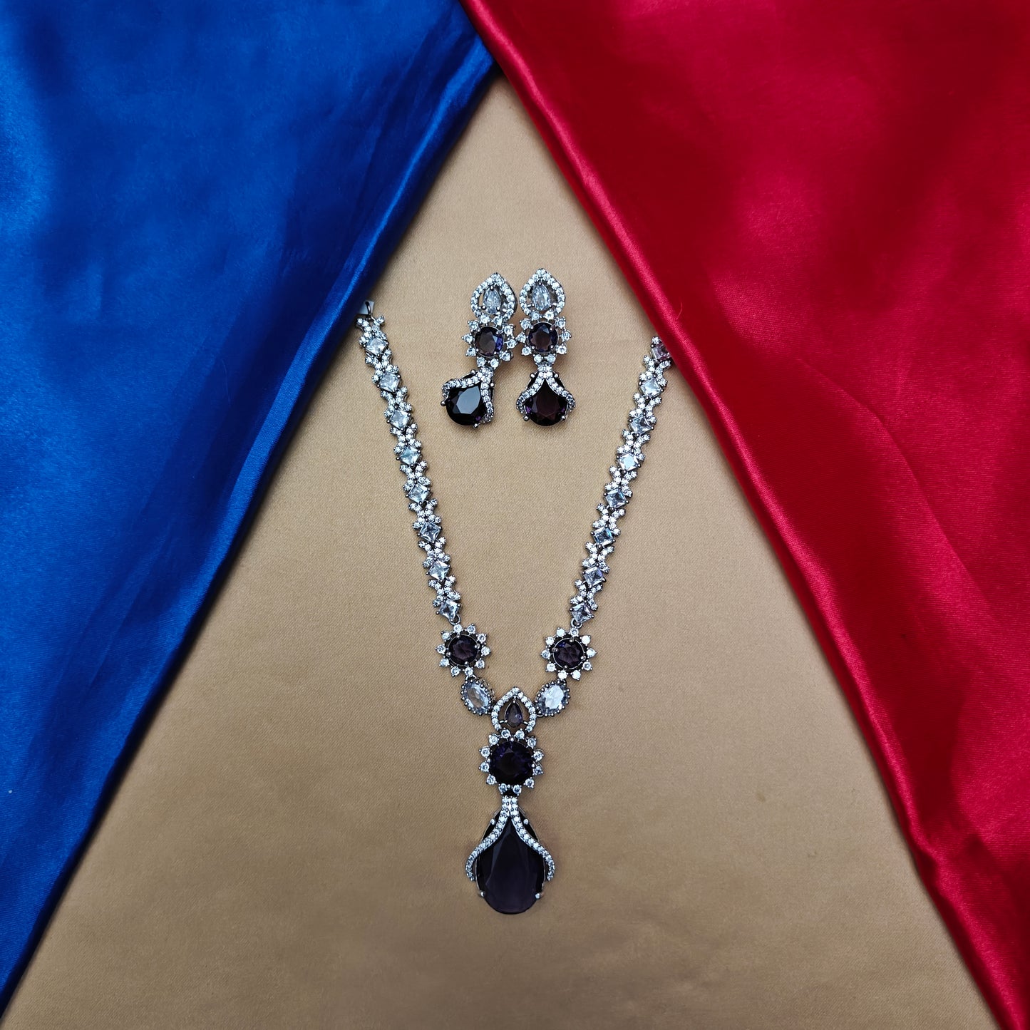 Beautiful AD Short Necklace In Purple Stone