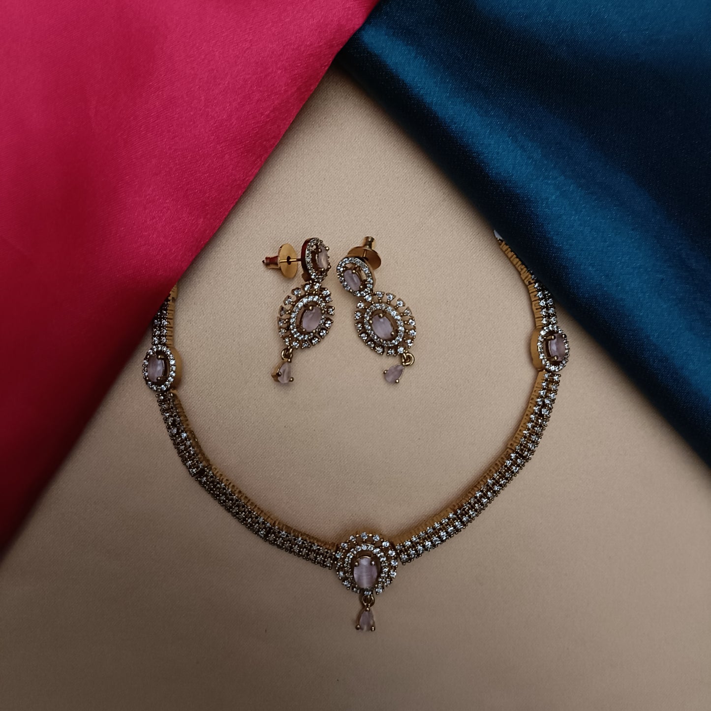 Elegant Victorian Mini Haaram In Baby Pink Stone