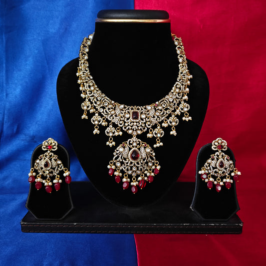 Beautiful Victorian Short Necklace In Maroon Beads - Ambica Wedding Mall