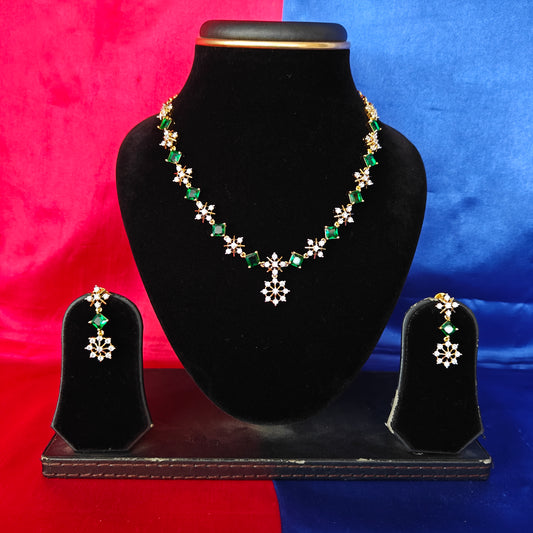 Beautiful CZ Short Necklace In Green Stone