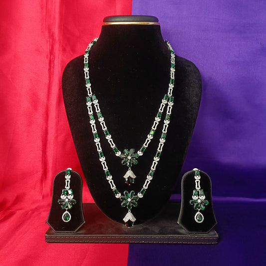 Elegant Silver Layered Long Necklace In Green Stone