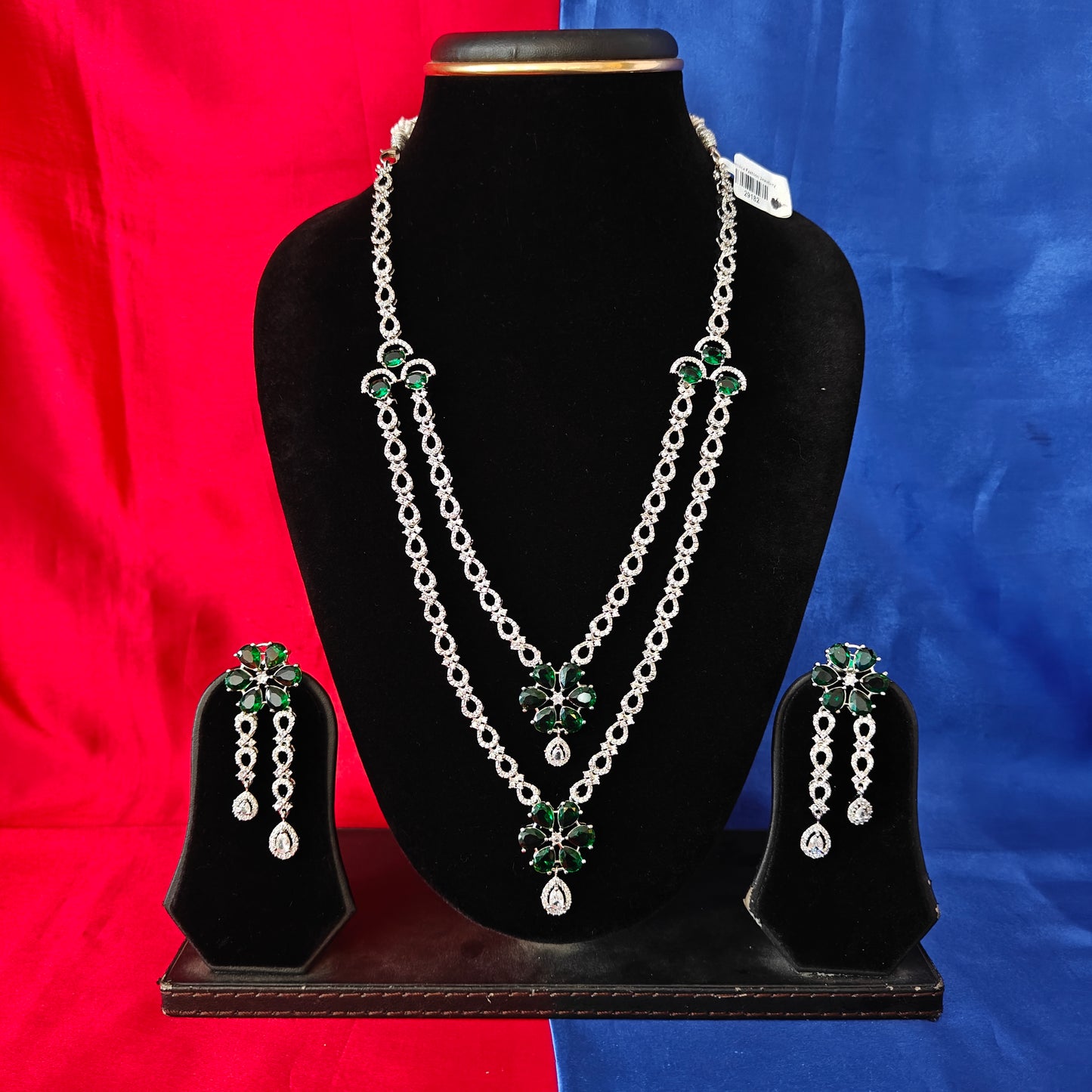 Beautiful Silver Layered Long Necklace In Green Stone