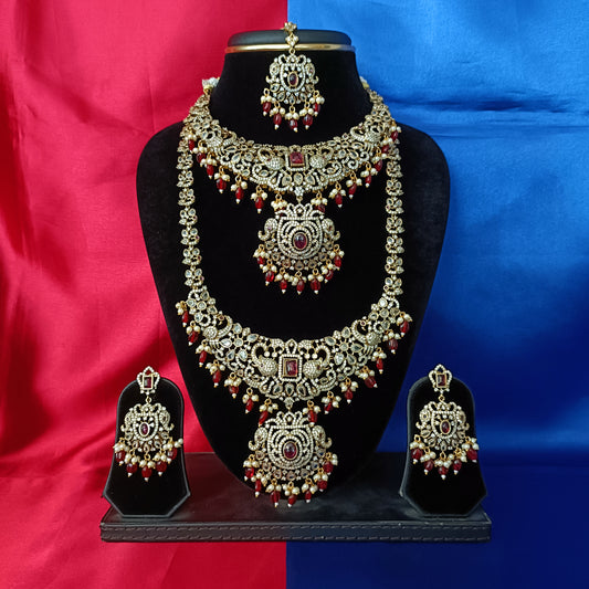 Elegant Victorian Bridal Combo Set In Maroon Beads