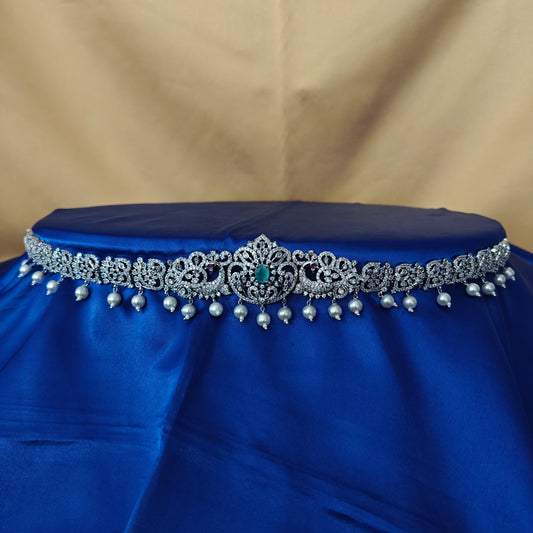 Beautiful Silver Chain Type Vaddanam In Pista Green Stone