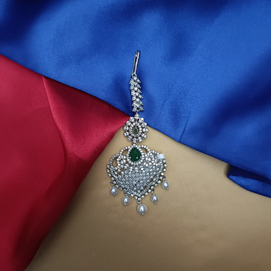 Beautiful Silver Tika In Green Stone