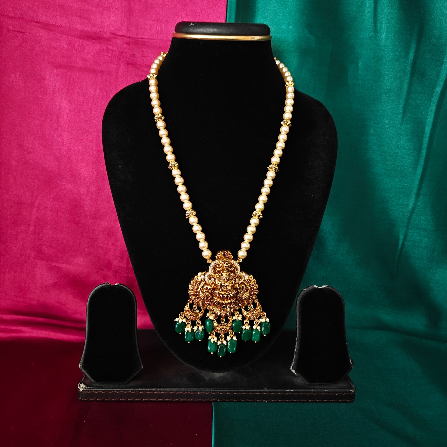 Beautiful Pearls Mala With Laxmi Idol In Green Beads - Ambica Wedding Mall
