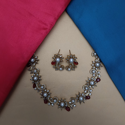 Beautiful Mini Haaram In Red Beads With Pearls