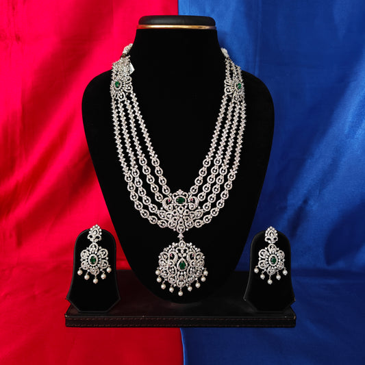 Elegant Silver Layered Long Necklace In Green Stone