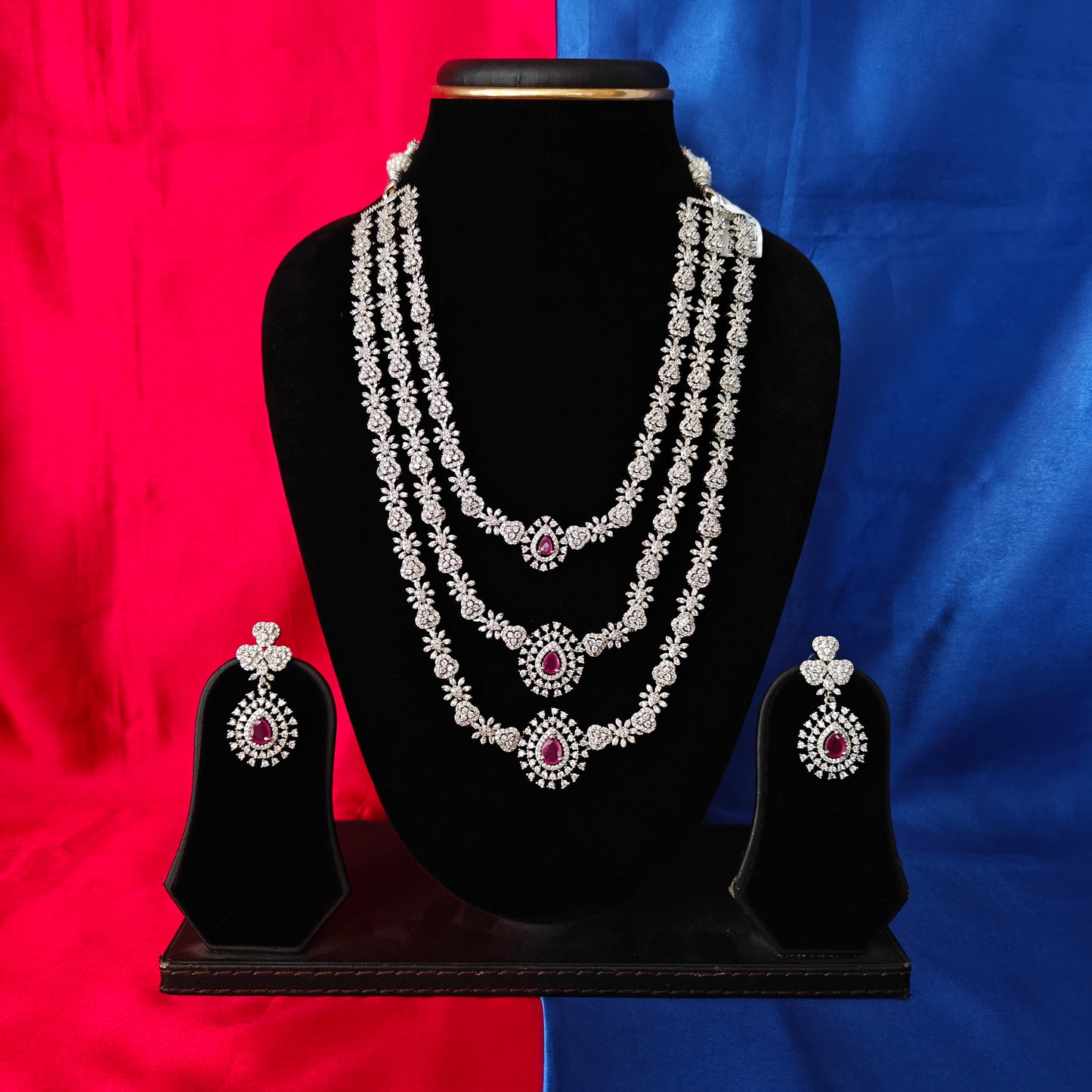Elegant Silver Layered Long Necklace In Ruby Stone - Ambica Wedding Mall