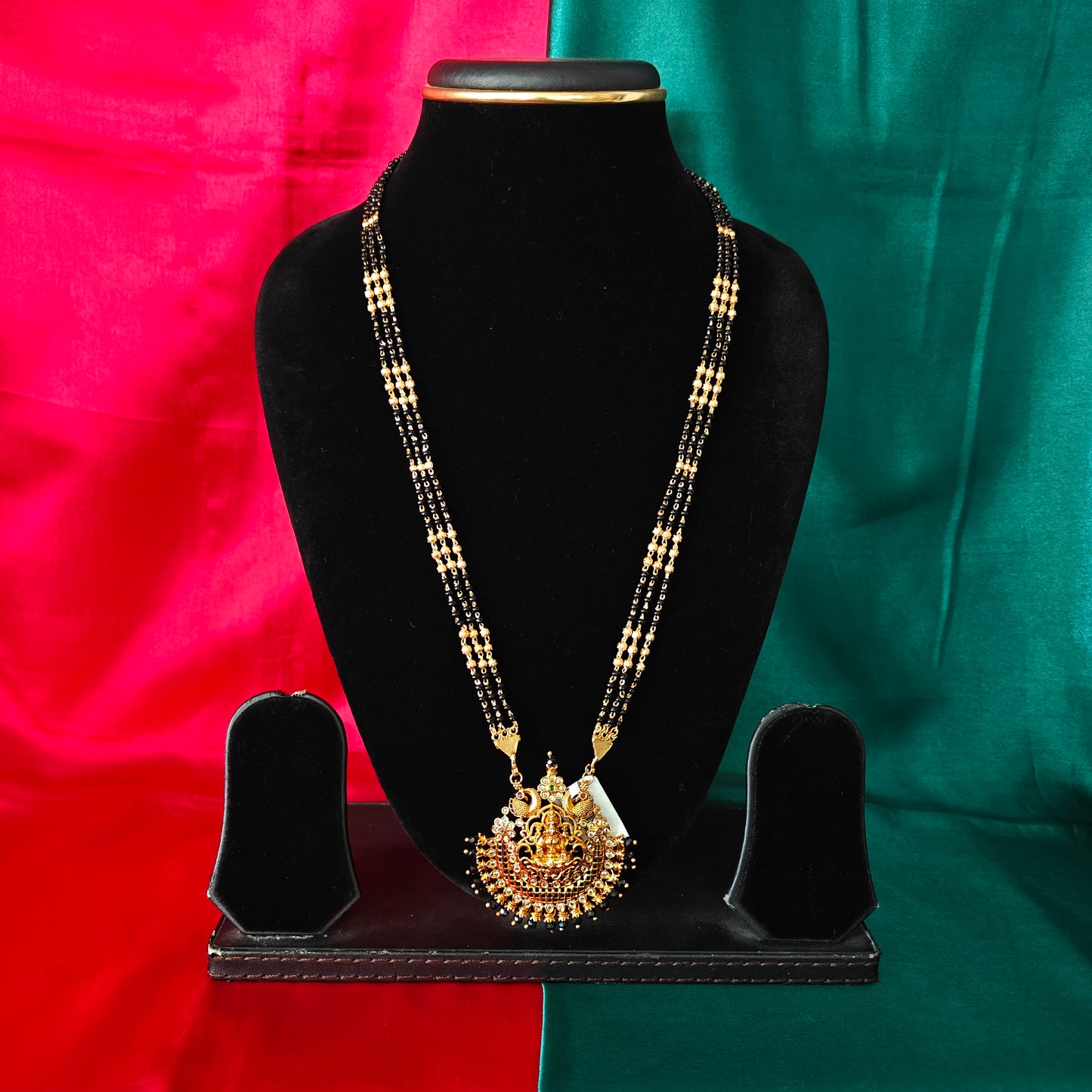 Beautiful Black Beads Long With Laxmi Idol In Black Crystal