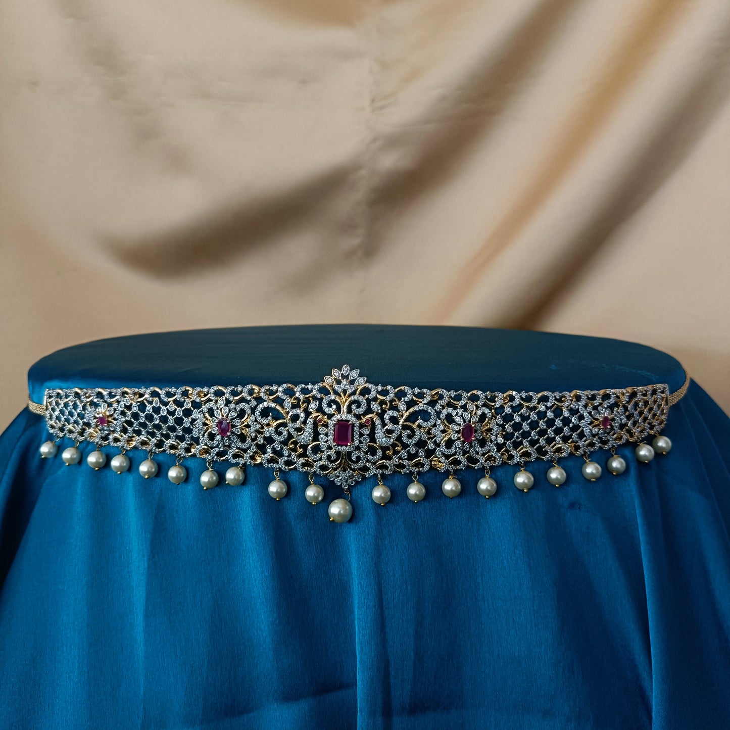 Elegant GJ Chain Type Vaddanam In Ruby Stone