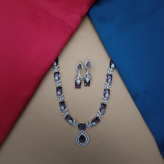 Elegant AD Short Necklace In Purple Stone