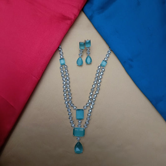 Elegant Silver Layered Short Necklace In Pista Green Stone
