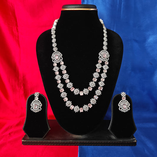 Beautiful Silver Layered Long Necklace In Baby Pink Stone