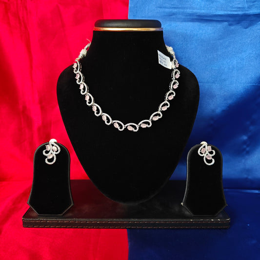 Elegant Silver Short Necklace In Baby Pink Stone