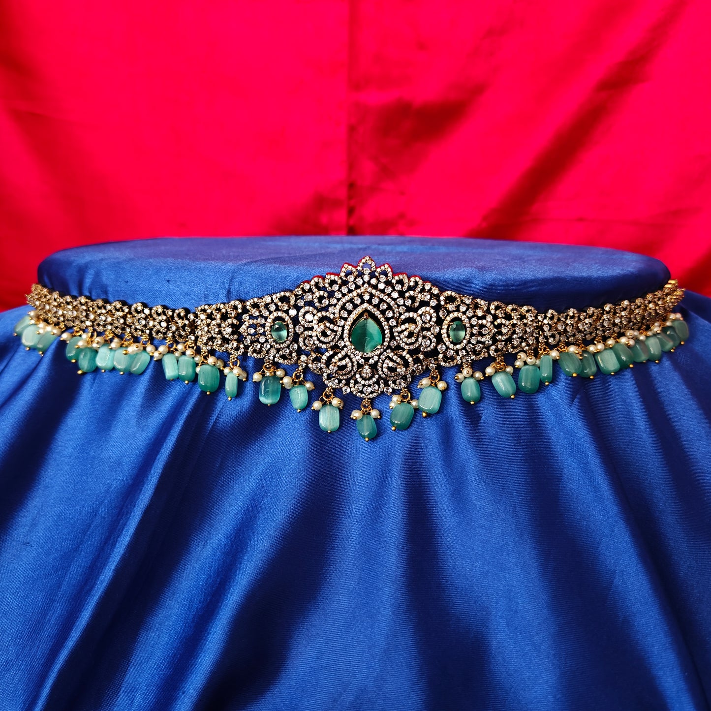 Beautiful Victorian Chain Type Vaddanam In Pista Green Beads