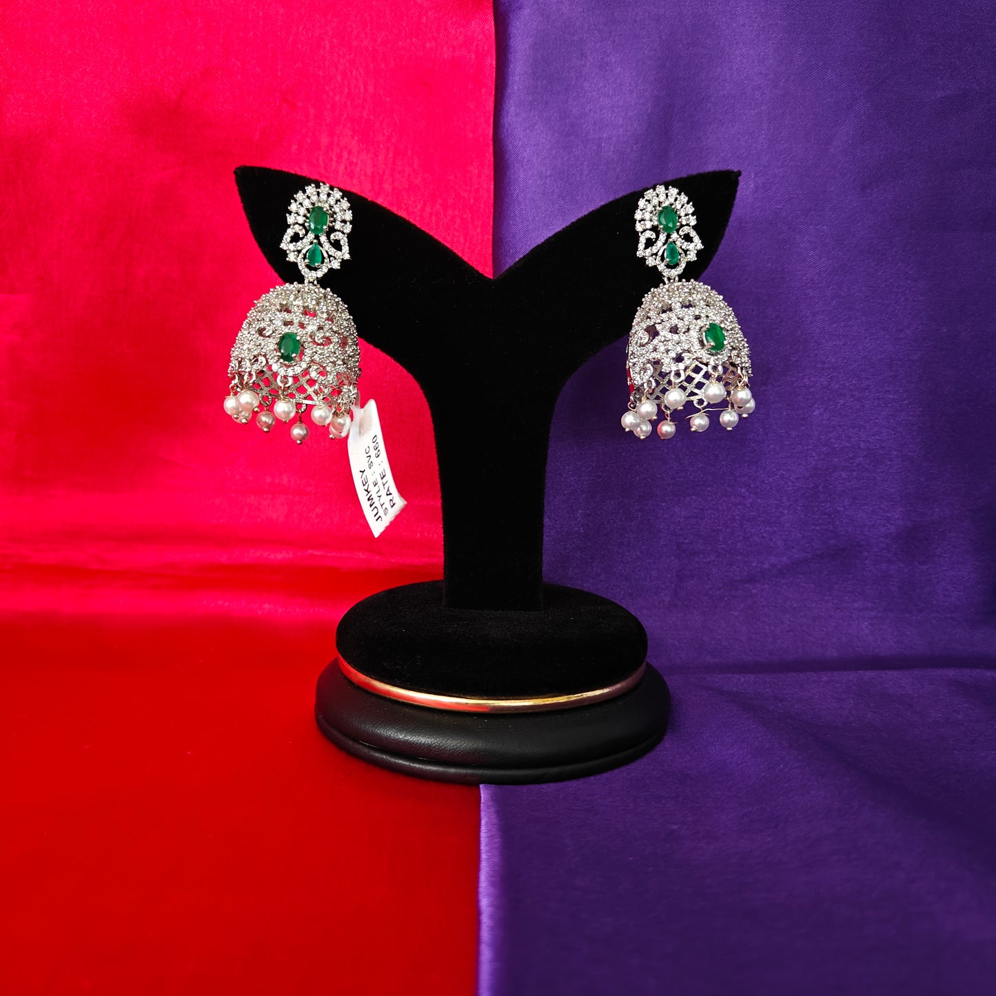 Beautiful Silver Jhumki In Green Stone