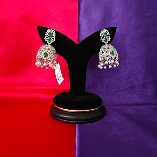Beautiful Silver Jhumki In Green Stone