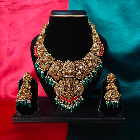 Elegant Bridal Nakshi Short Necklace With Laxmi Idol