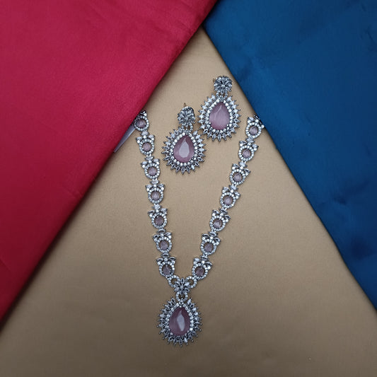 Elegant Silver Short Necklace In Baby Pink Stone