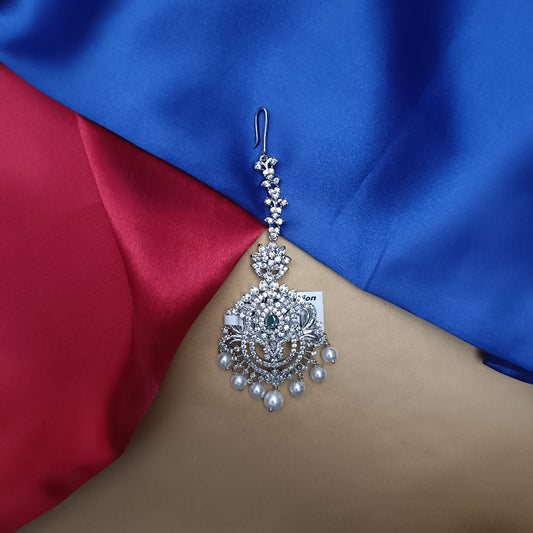 Beautiful Silver Tika In Green Stone