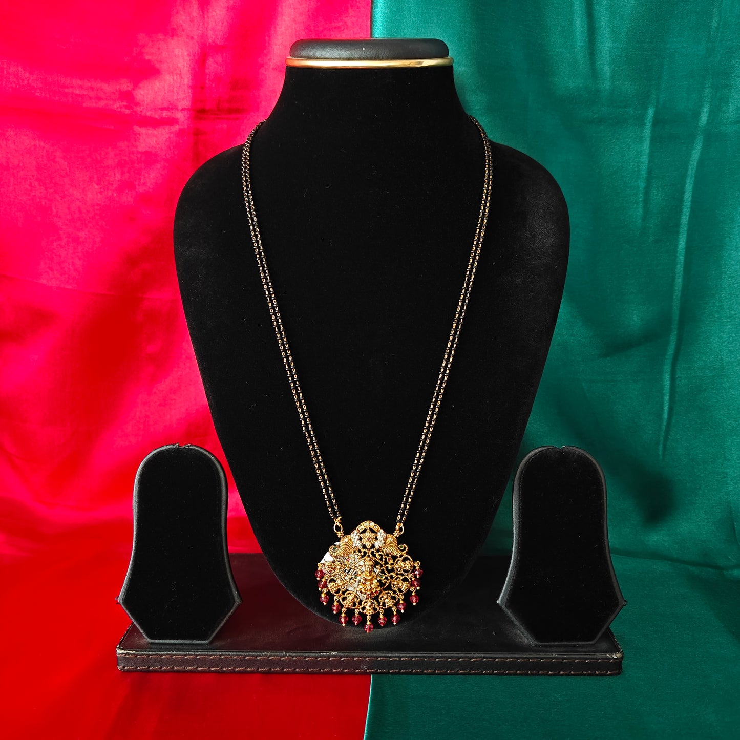 Beautiful Black Beads Long With Laxmi Idol In Ruby Crystal