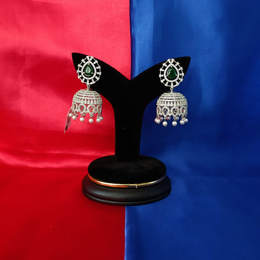 Beautiful Silver Jhumki In Green Stone