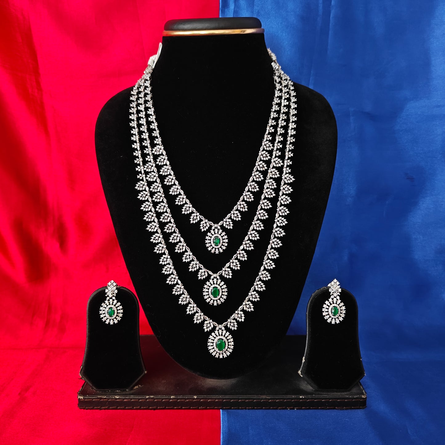Beautiful Silver Layered Long Necklace In Green Stone