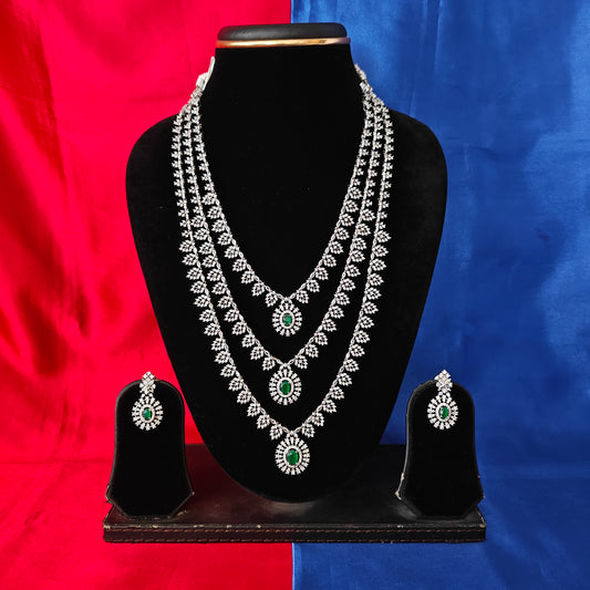 Beautiful Silver Layered Long Necklace In Green Stone