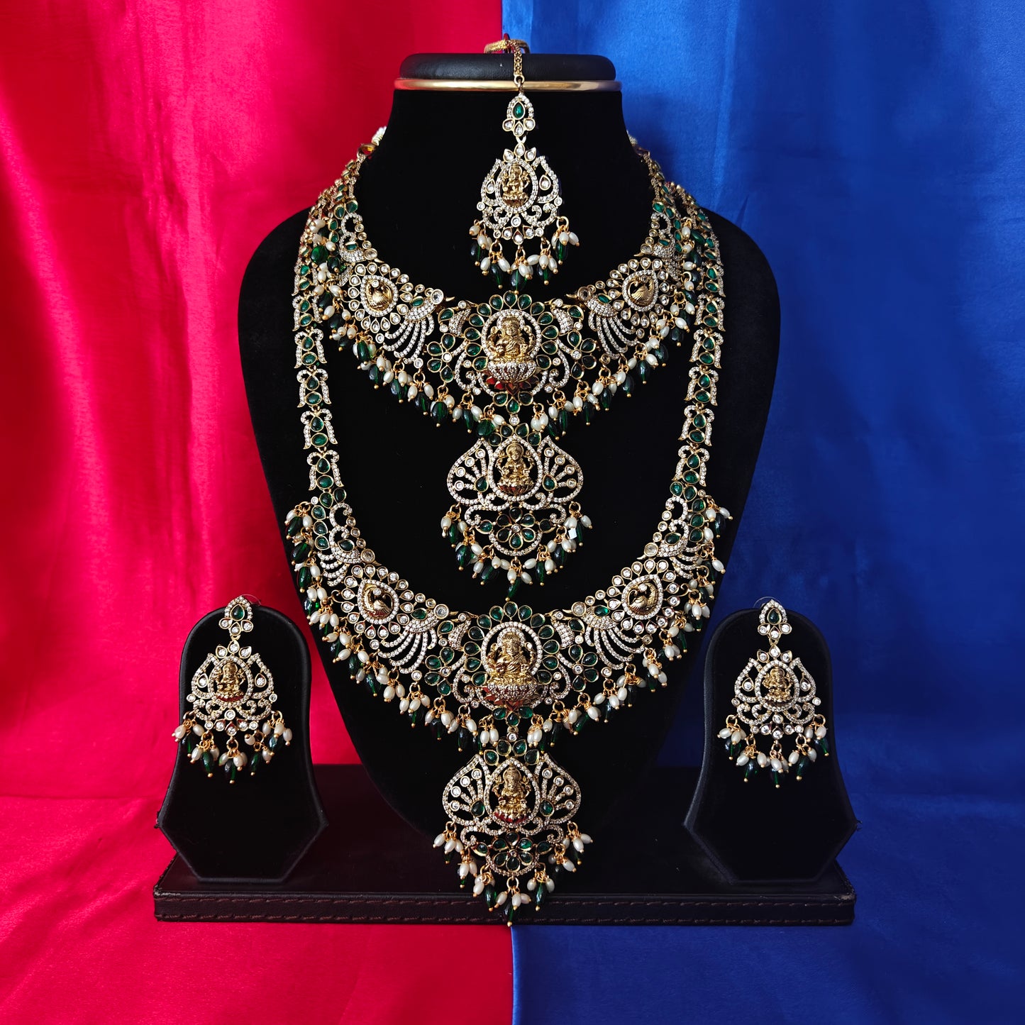 Elegant Victorian Combo Set In Green Beads With Laxmi Idol