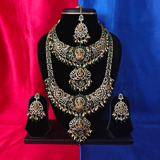 Elegant Victorian Combo Set In Green Beads With Laxmi Idol