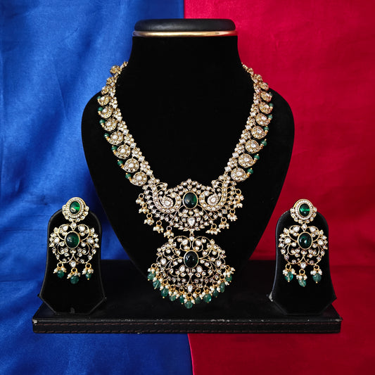 Beautiful Victorian Short Necklace In Green Stone - Ambica Wedding Mall