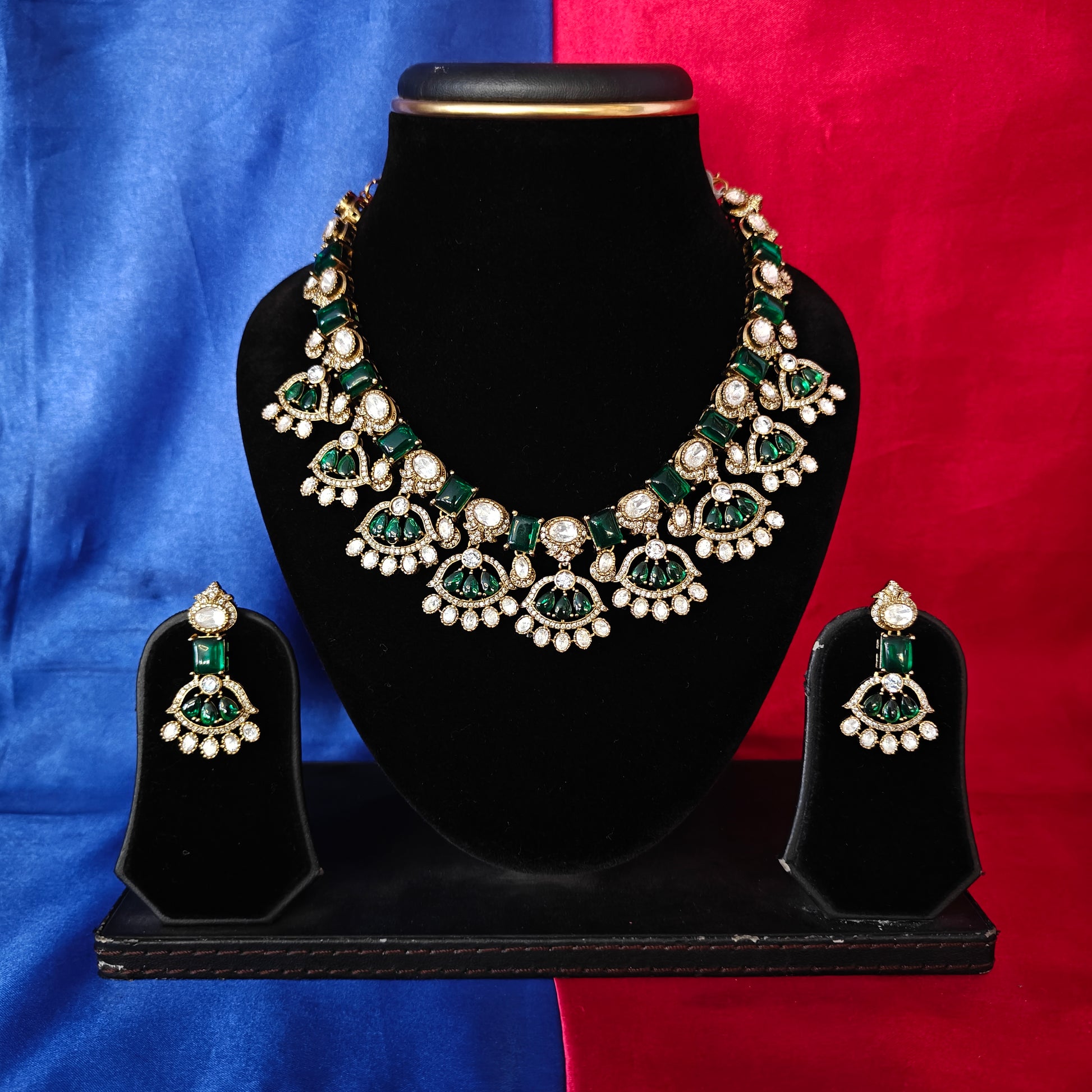 Beautiful Victorian Short Necklace In Green Stone - Ambica Wedding Mall