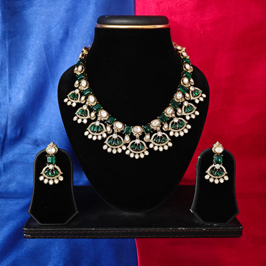 Beautiful Victorian Short Necklace In Green Stone - Ambica Wedding Mall