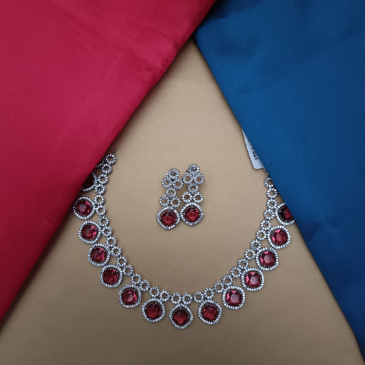 Elegant AD Short Necklace In Red Stone