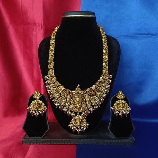Beautiful Nakshi Long Necklace In Red Beads