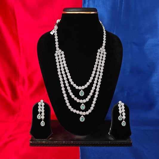 Beautiful Silver Layered Long Necklace In Pista Green Stone