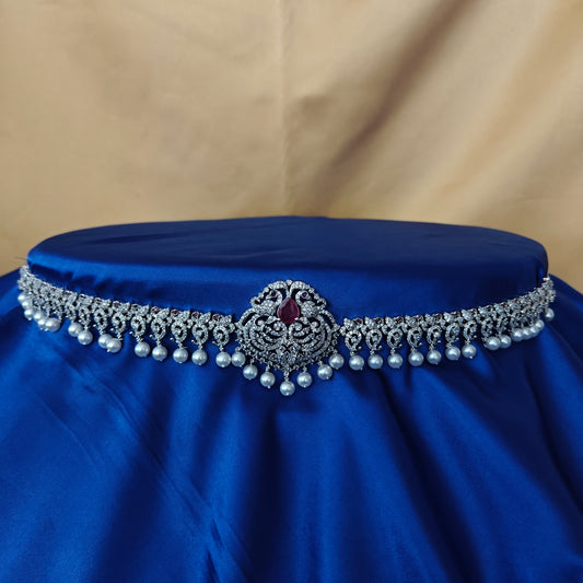 Beautiful Silver Chain Type Vaddanam In Ruby Stone