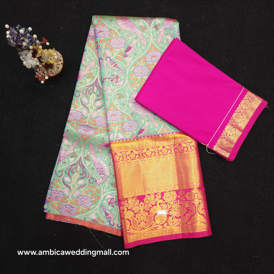 Buy Stunning Kanchi pattu mix L Kalamkari Lehenga [Free Size]