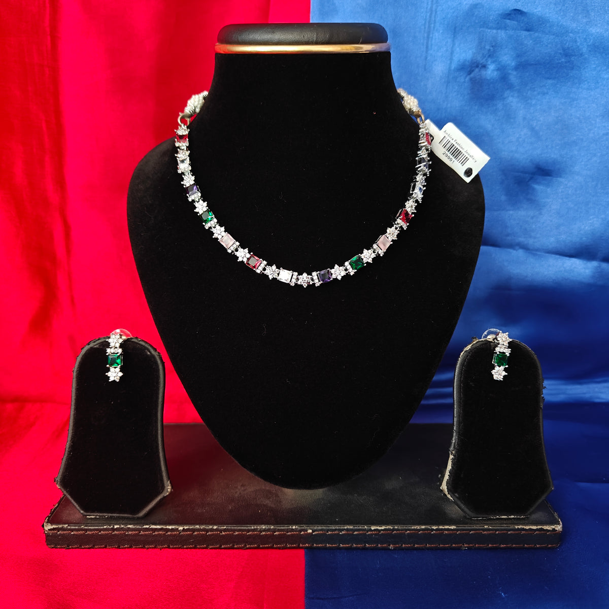 Beautiful Silver Short Necklace In Multi Colour Stone