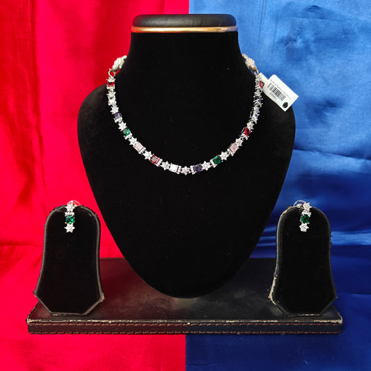 Beautiful Silver Short Necklace In Multi Colour Stone