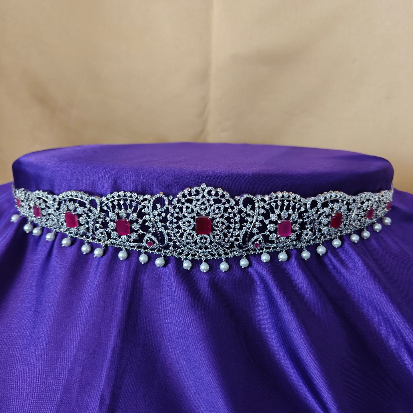 Beautiful Silver Chain Type Vaddanam In Ruby Stone
