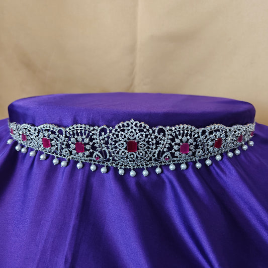 Beautiful Silver Chain Type Vaddanam In Ruby Stone