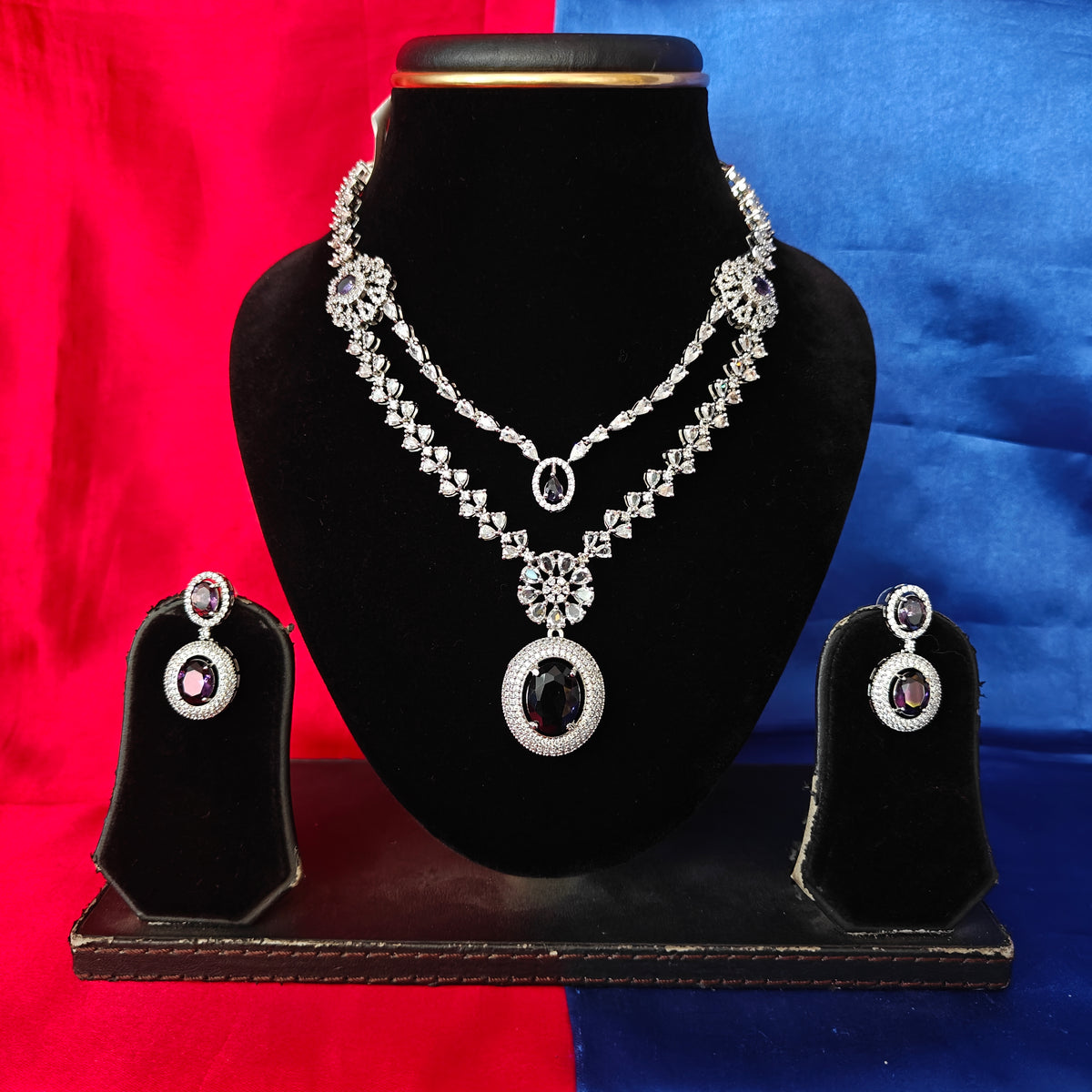 Elegant AD Layered Short Necklace In Purple Coloured Stone
