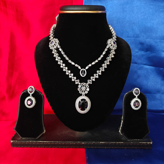 Elegant AD Layered Short Necklace In Purple Coloured Stone